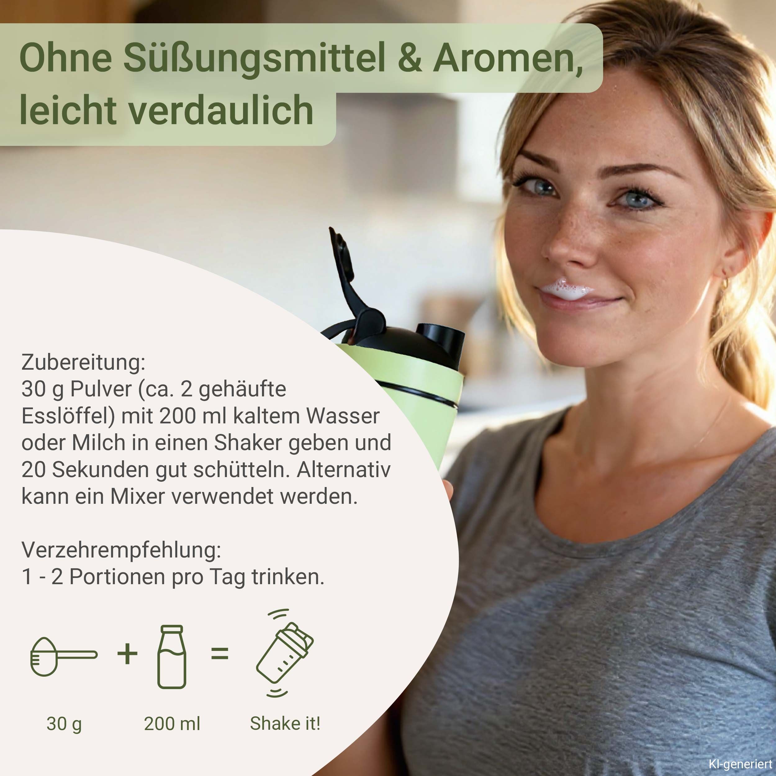 Frau mit Eiweißshake im Gesicht, daneben Zubereitungshinweise und Verzehrempfehlung für das Pulver.