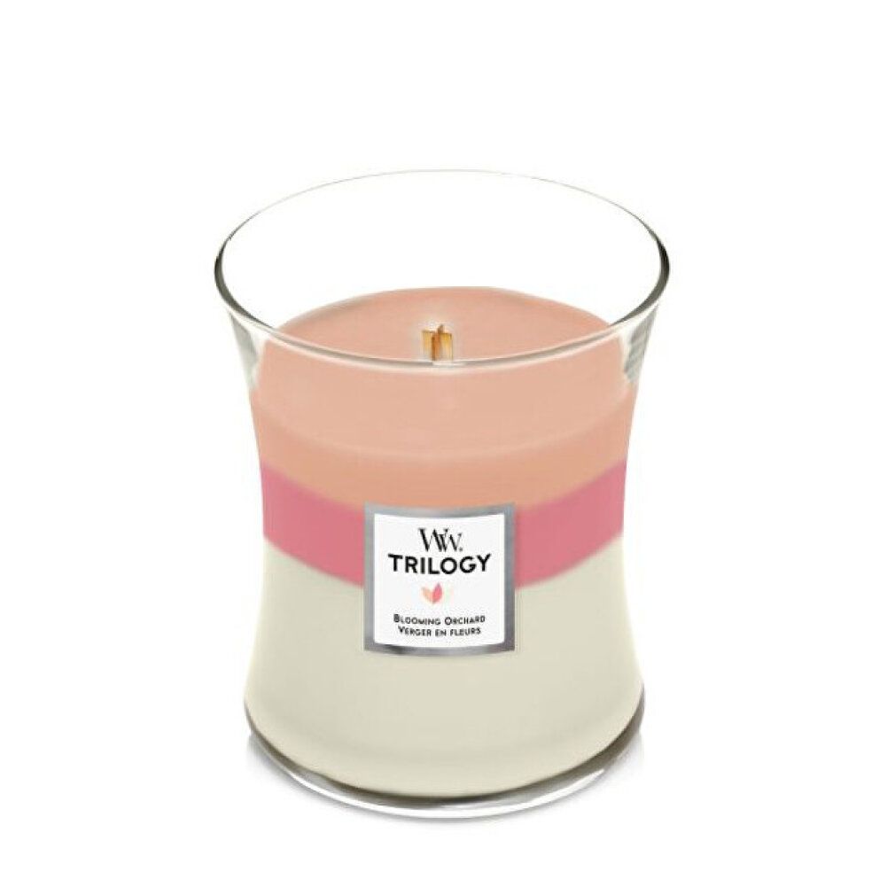 Duftkerze mit Holzdocht. Dreifarbiger Wachs in Glasbehälter. Label mit Schriftzug und Produktbezeichnung.
