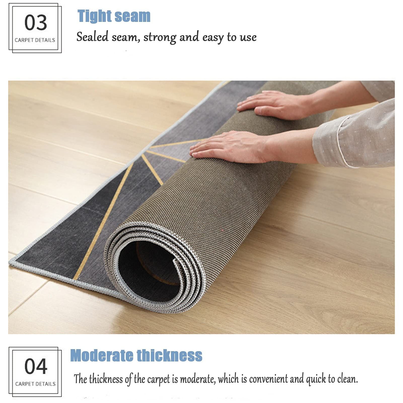 Gerollter Teppich. Person rollt Teppich auf. Teppich mit geometrischem Muster. Holzfußboden.