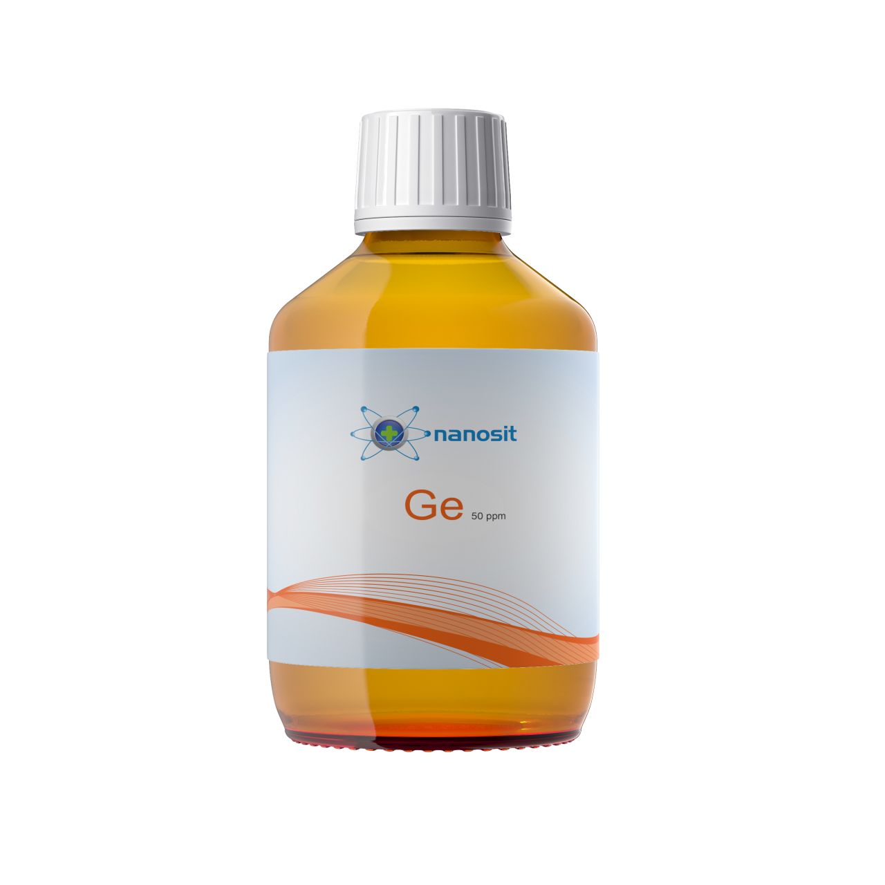 Braune Flüssigkeit in einer Flasche mit weißem Deckel. Auf dem Etikett steht "nanosit" und "Ge 50 ppm".