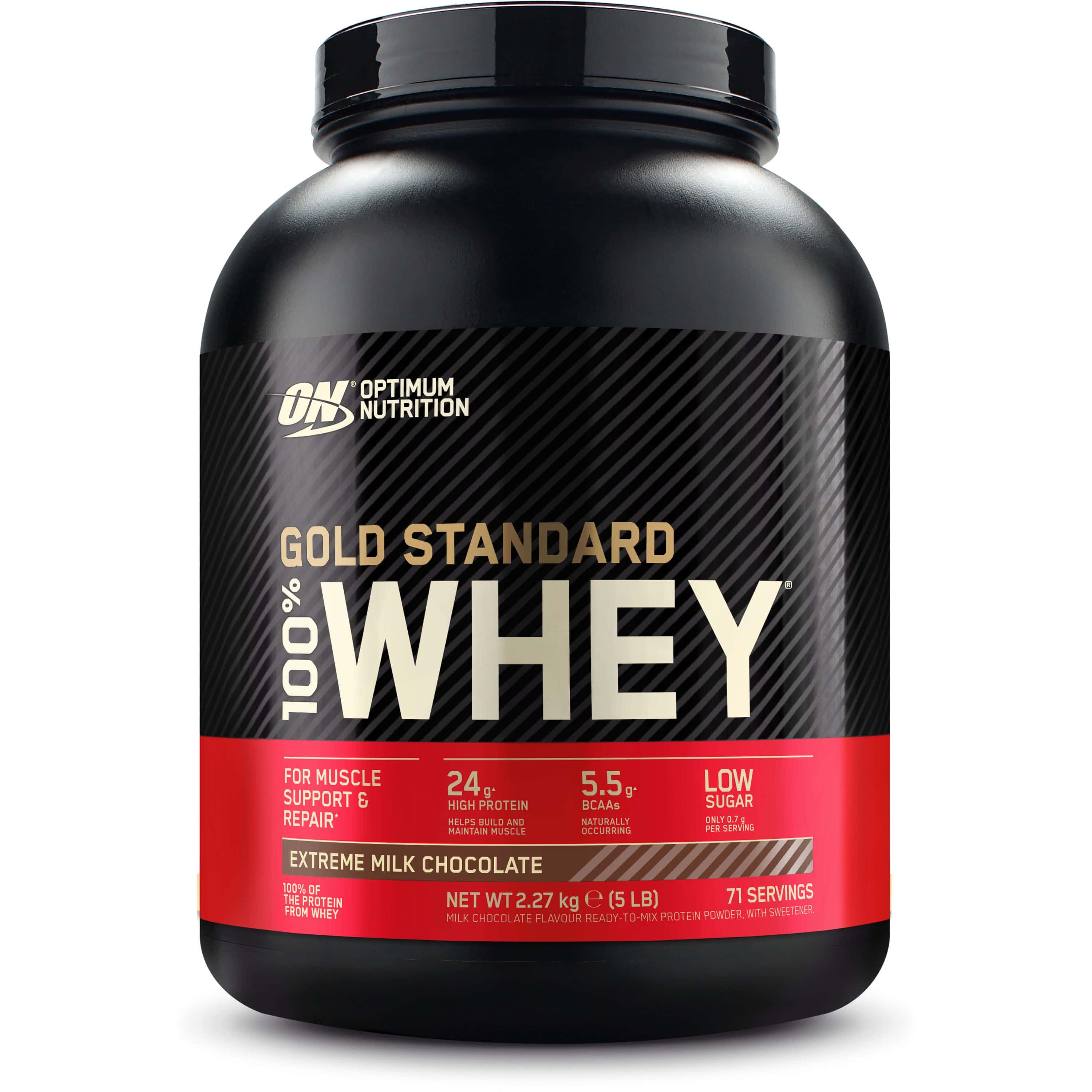 Schwarze Dose mit rotem Etikett. Aufschrift: Gold Standard 100% Whey, Extreme Milk Chocolate. 24g Protein, 71 Portionen.