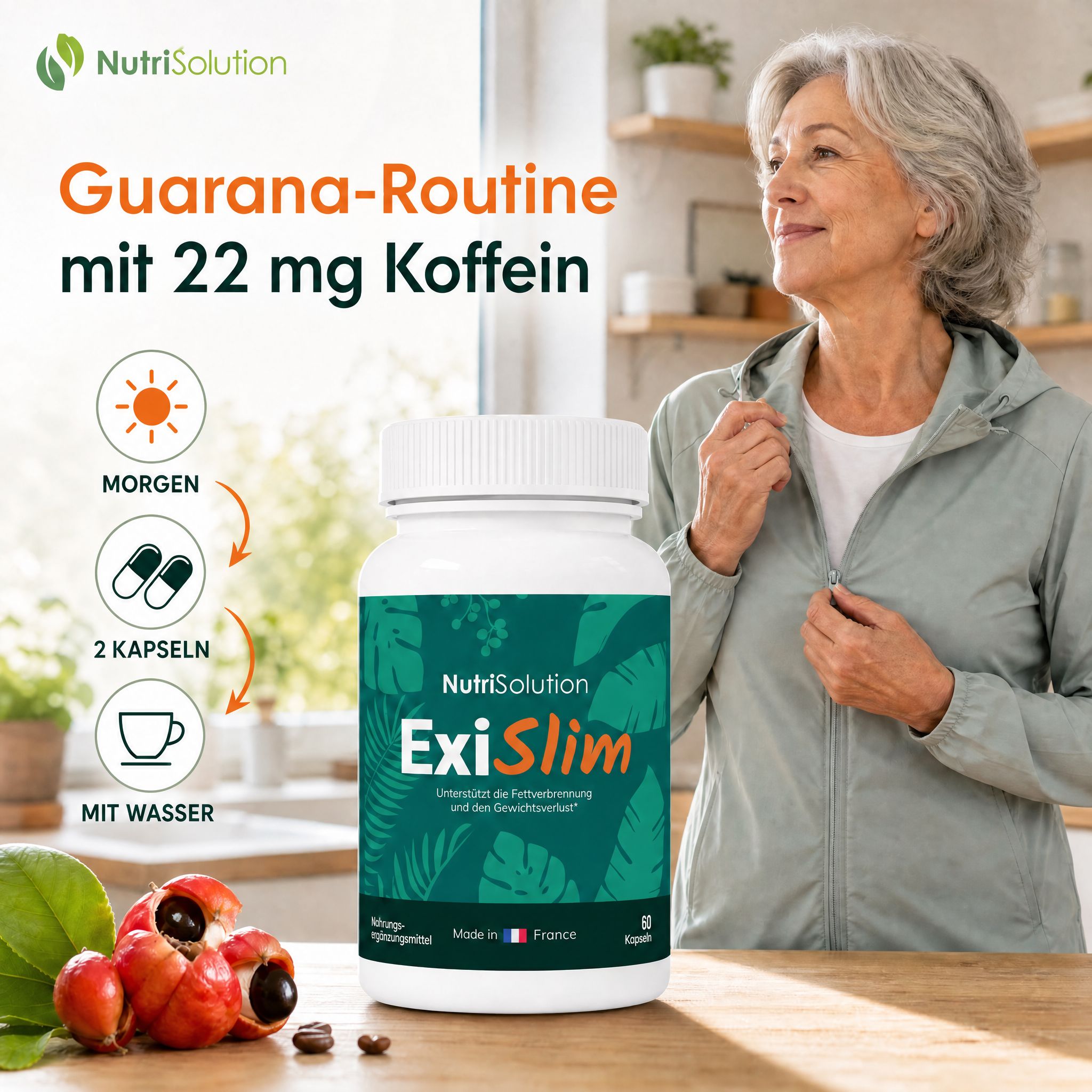 NutriSolution ExiSlim Flasche neben einer Frau und Guarana-Früchten.