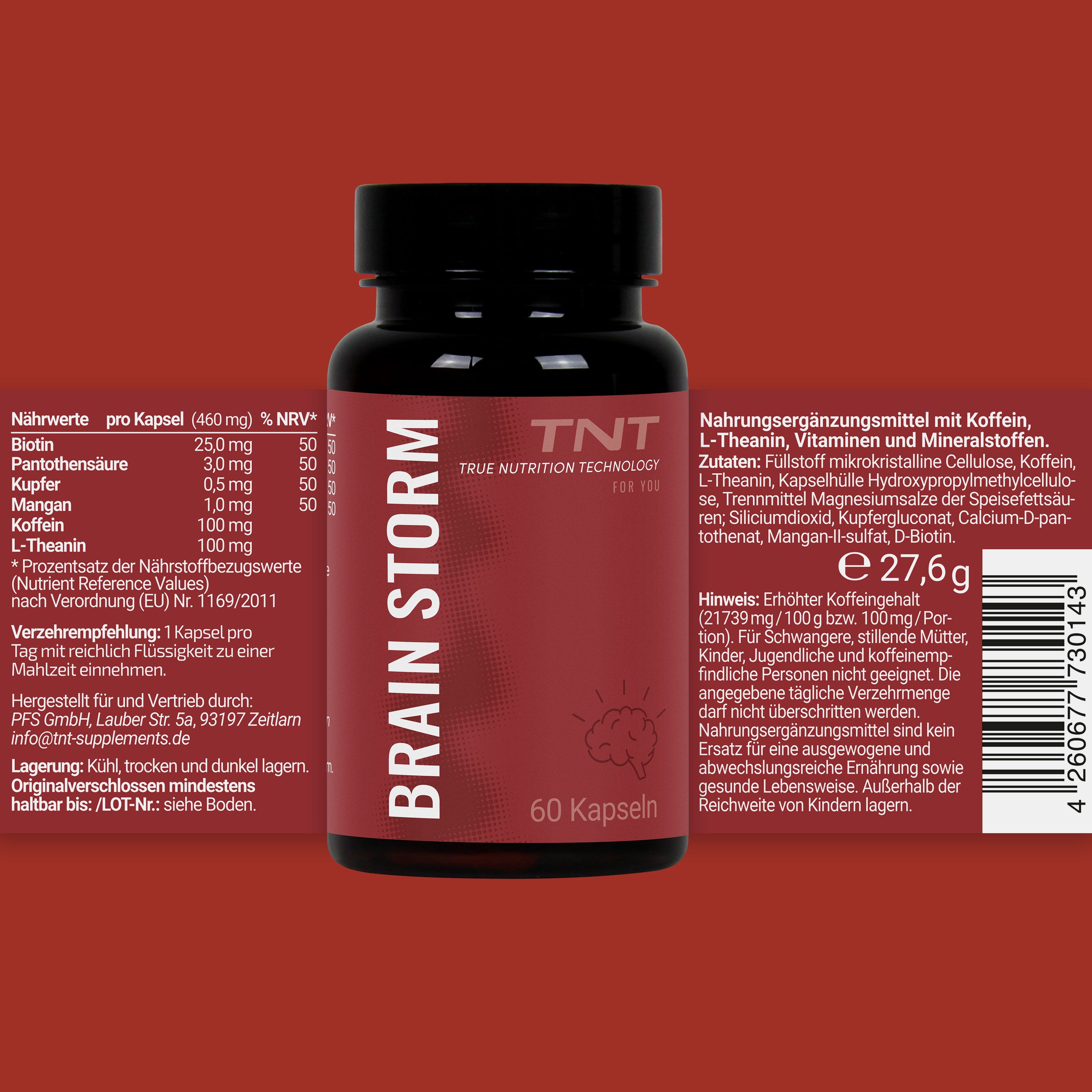 Rote Verpackung mit TNT Brain Storm. Enthält Informationen zu Nährwerten und Inhaltsstoffen. 60 Kapseln.