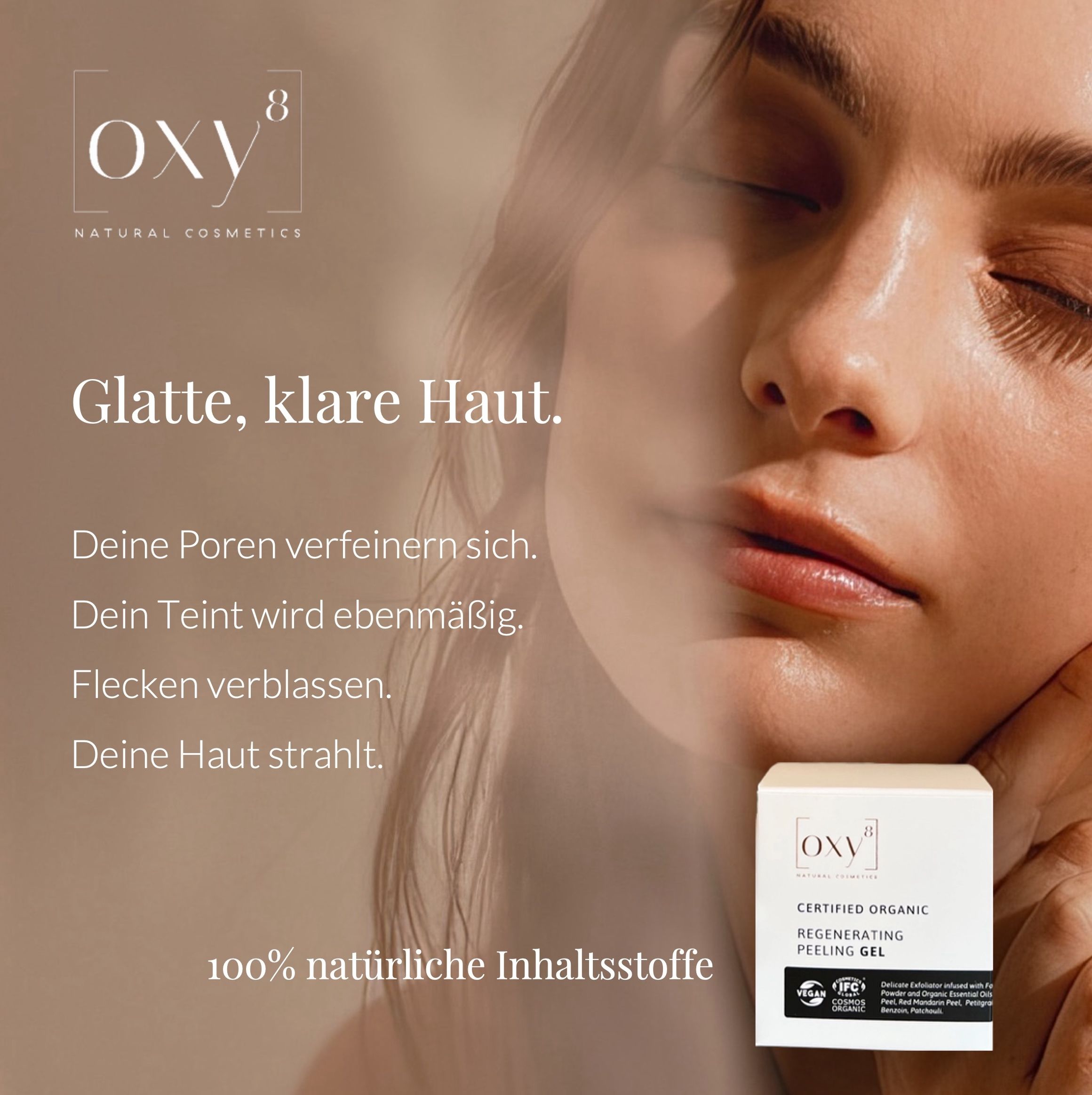 Produkt mit Text: REGENERATING PEELING GEL. Frau mit glatter Haut. Schachtel mit Produkt.