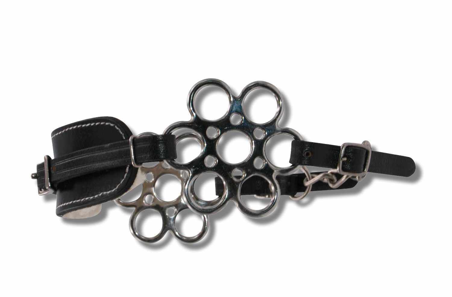 Hackamore Flora. Schwarzes Leder, silberfarbene Metallteile. Runde Form mit Löchern. Kette.