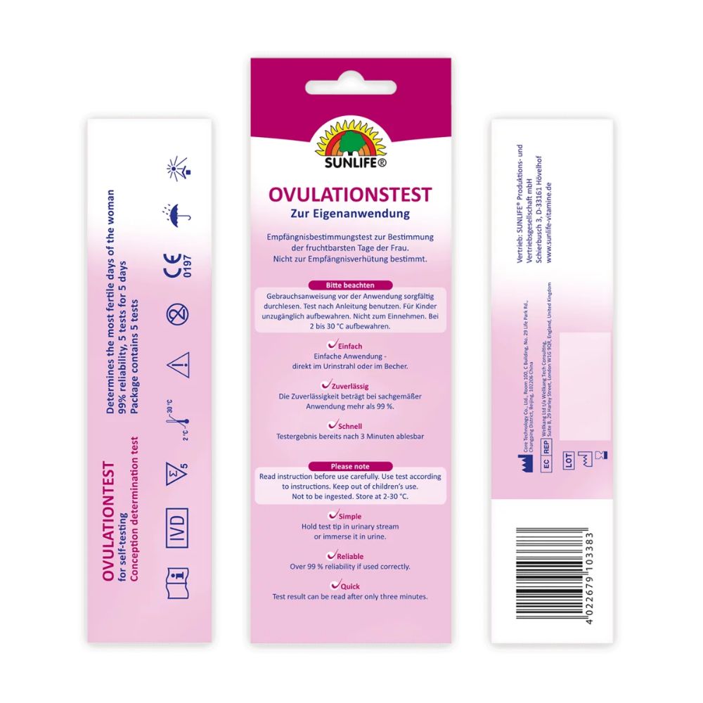 Verpackung des Sunlife Ovulationstests. Rückseite mit Produktinformationen, Gebrauchsanweisung und Logos. Weißer Hintergrund.