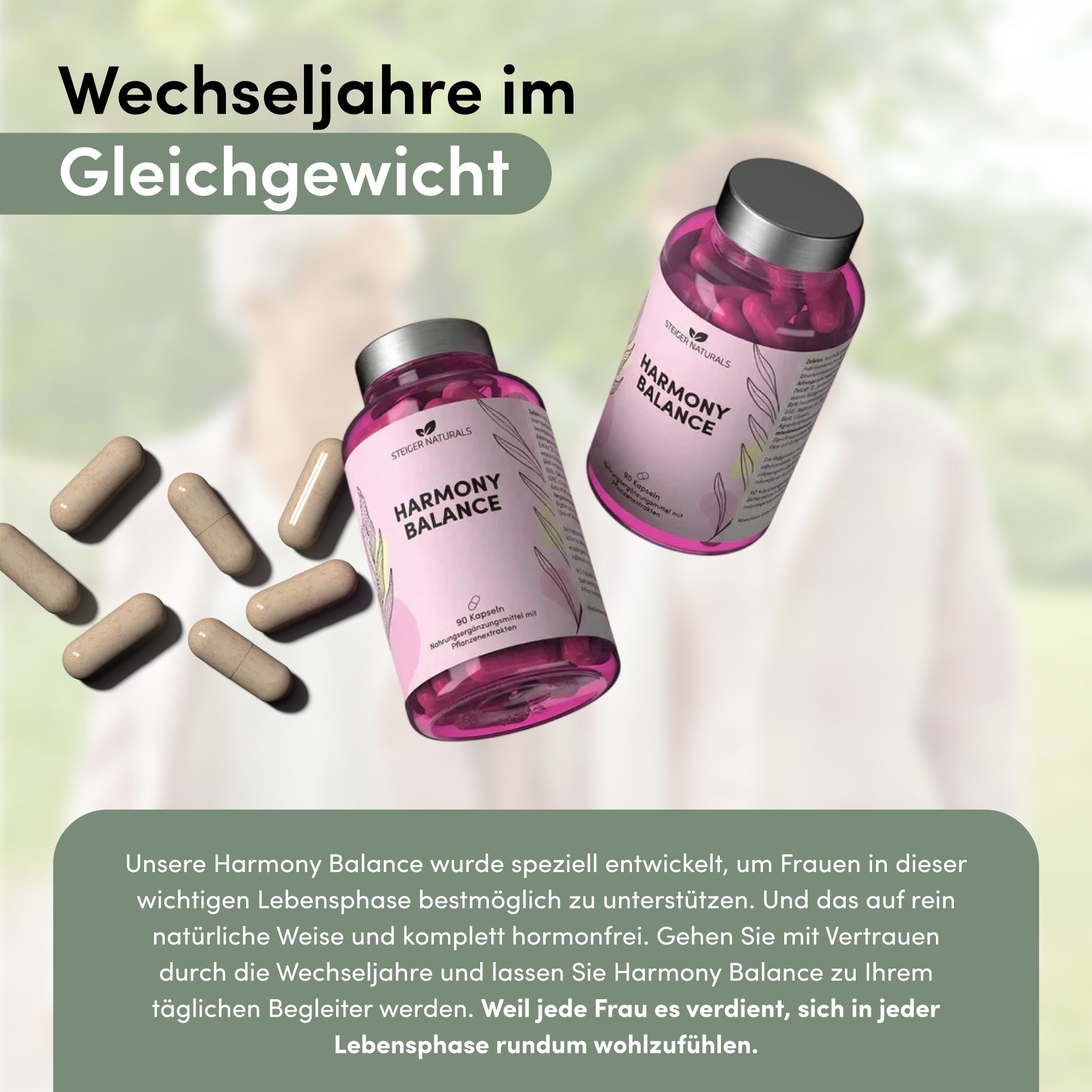 Zwei Flaschen Harmony Balance und Kapseln. Aufschrift: Harmony Balance. 90 Kapseln. Nahrungsergänzungsmittel mit Pflanzenextrakten.