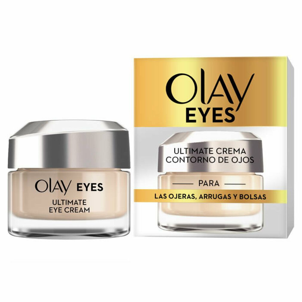 Creme-Tiegel und Verpackung. Aufschrift: Olay Eyes Ultimate Eye Cream. Verpackung mit Produktabbildung und Text.