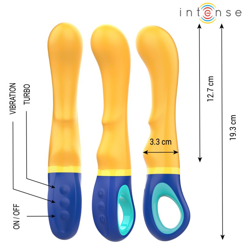 Gelb-blauer Vibrator mit Maßen. 19,3 cm lang, 12,7 cm Kopf, 3,3 cm breit. Mit ON/OFF und Vibration Turbo.