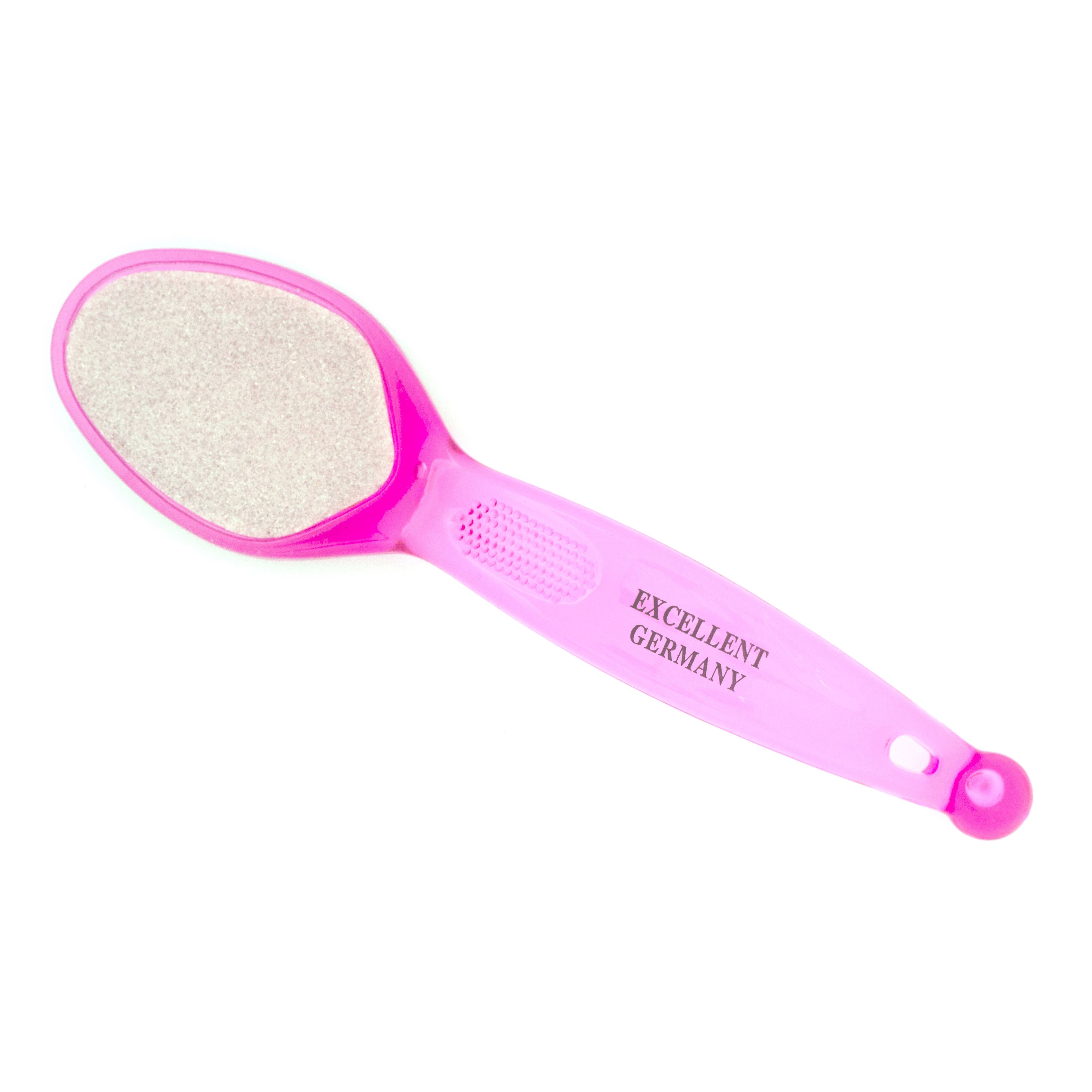 Rosa Fußfeile mit ovaler Reibefläche. Griff mit Loch und Schriftzug "EXCELLENT GERMANY".