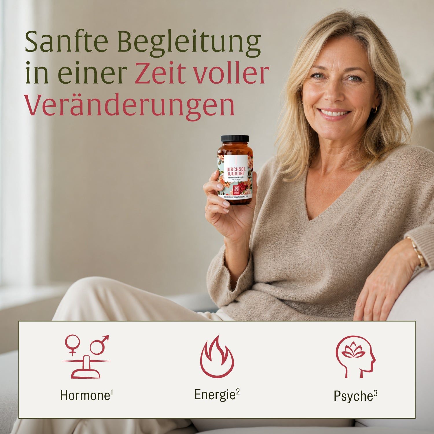 Frau hält Flasche Wechselwunder, Symbole für Hormone, Energie und Psyche.
