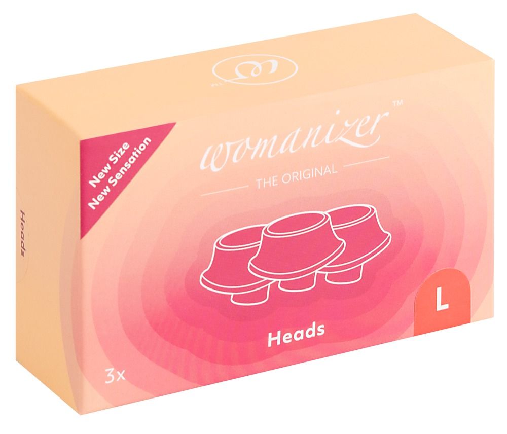 Verpackung mit Ersatzköpfen. Aufschrift: Womanizer, Heads, 3x, L. Rosa-beige Farbverlauf. "New Size New Sensation".