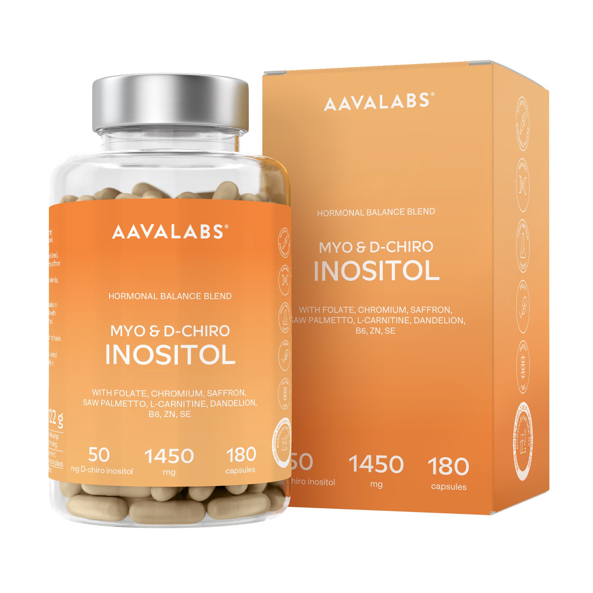 Produktflasche und Schachtel. Aufschrift: Aavalabs, Myo & D-Chiro Inositol. Enthält 180 Kapseln.