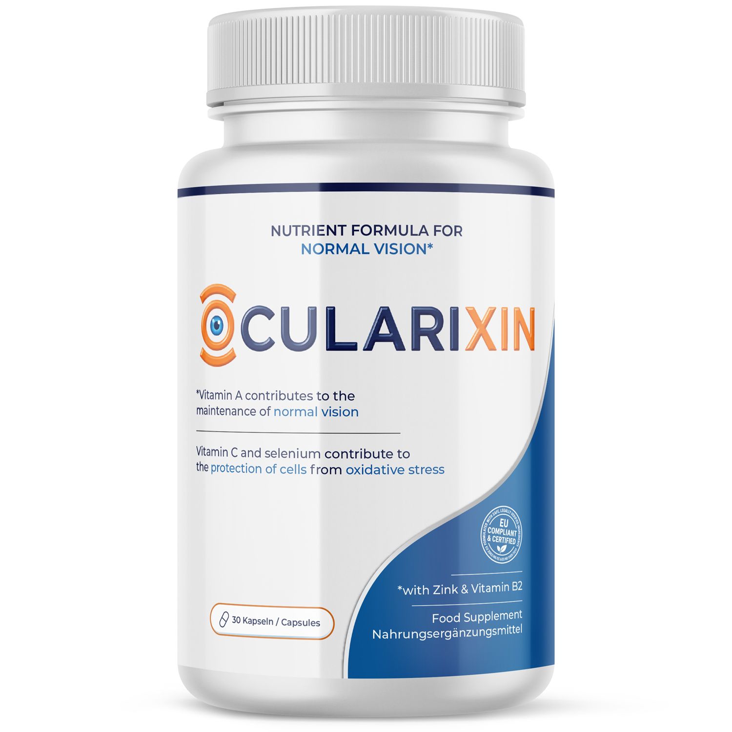 Ocularixin Kapseln: Nährstoffformel für normales Sehen mit Vitamin A, C, Selen, Zink und B2.