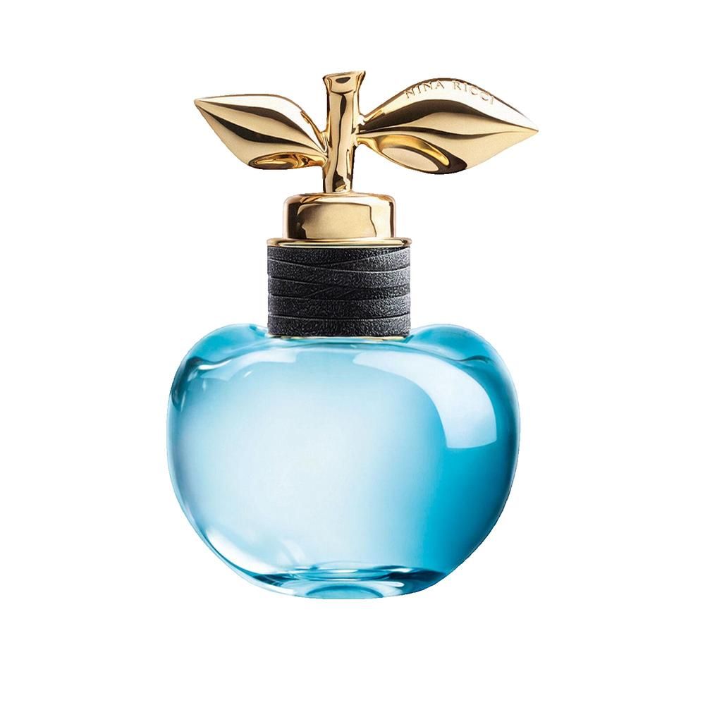 Hellblaues Parfumflakon mit goldfarbenem Deckel in Apfelform. Schwarzer Kragen.