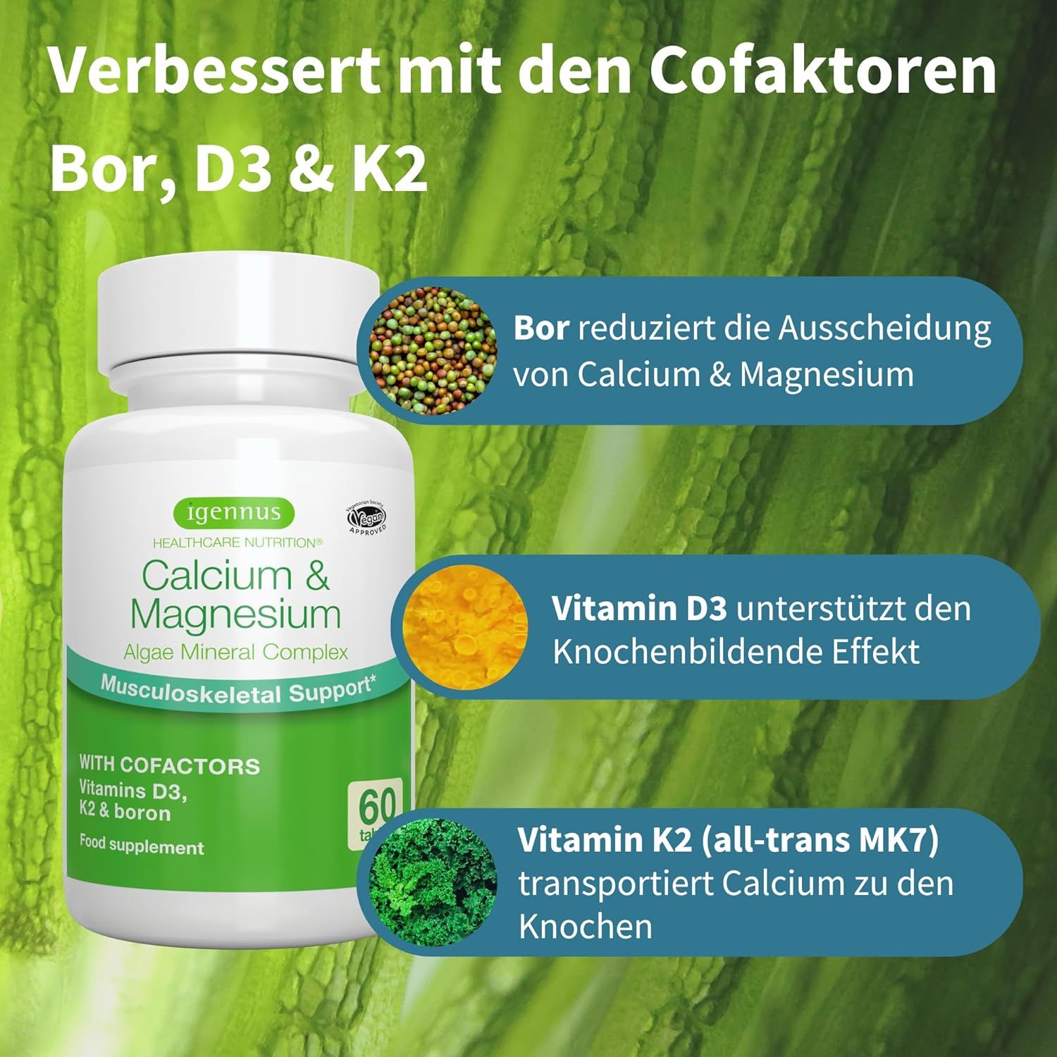 Flasche mit Calcium & Magnesium neben Text und Symbolen. Text: Bor, Vitamin D3, Vitamin K2, 60 Tabletten.