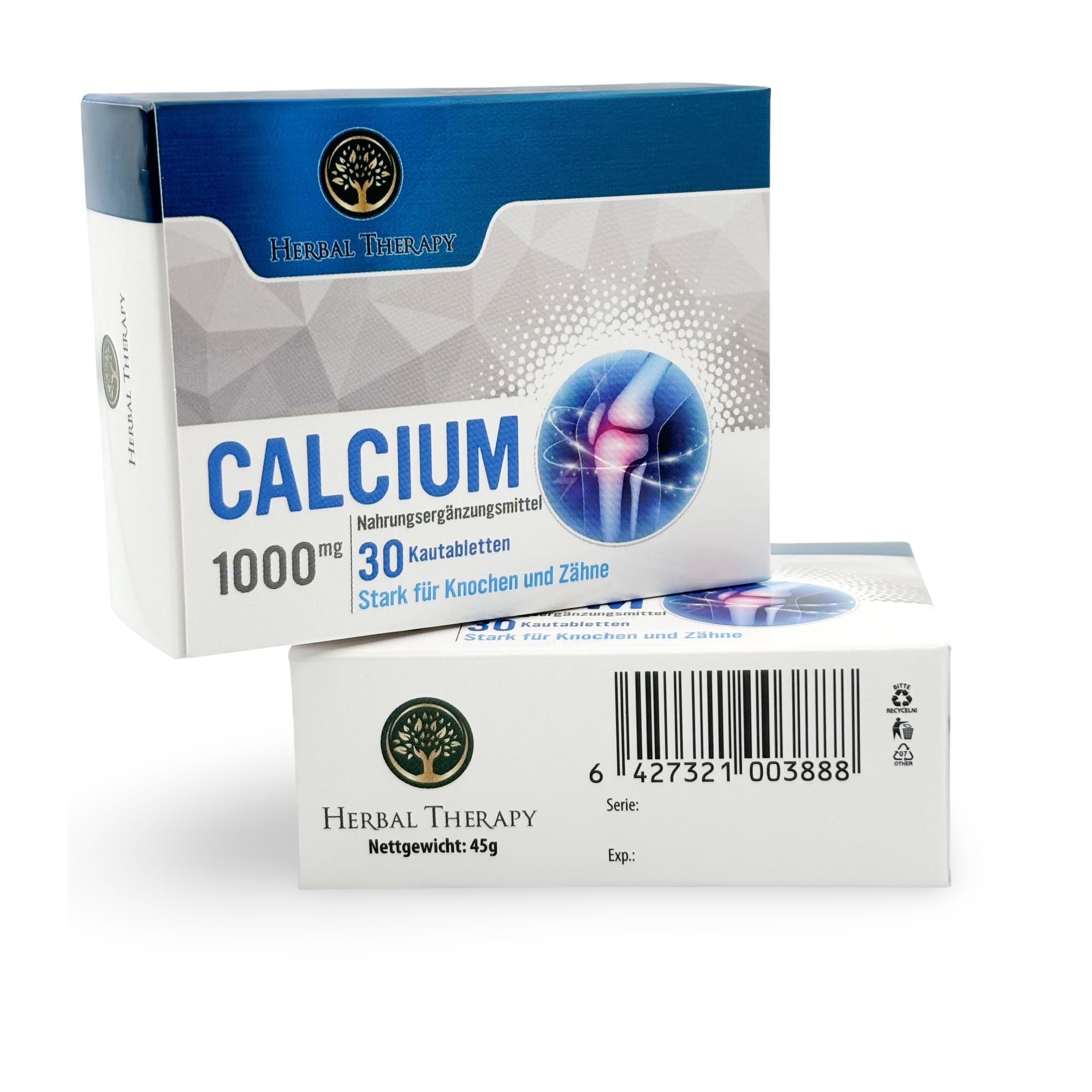 Zwei Herbal Therapy KALZIUM 1000 mg Packungen. Eine Packung geöffnet, die andere darunter. Barcode und Produktinformationen.