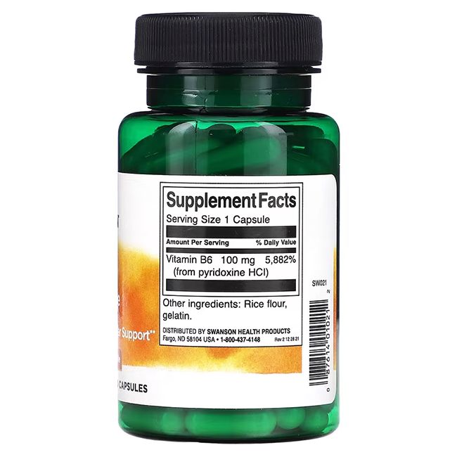 Rückseite der grünen Flasche. Etikett mit Nährwertangaben: Vitamin B6 100 mg. Weitere Inhaltsstoffe: Reismehl, Gelatine.