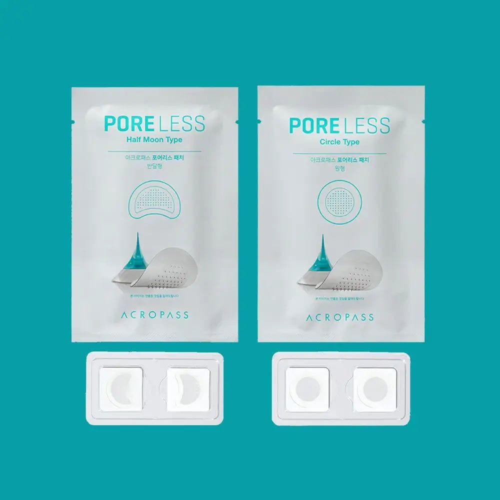 Zwei ACROPASS Poreless Packungen. Half Moon Type und Circle Type. Zwei Behälter mit Produkt. Hintergrund türkis.