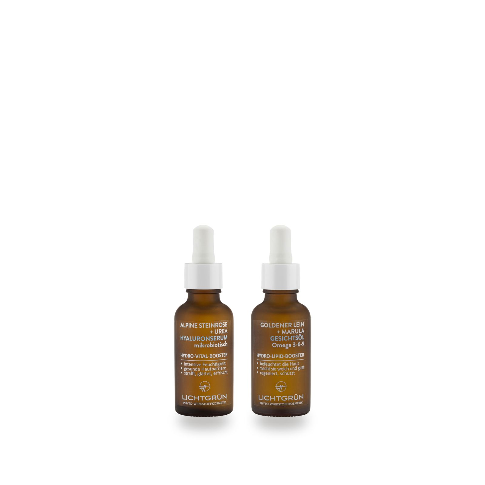 Zwei braune Glasflaschen mit Pipettenaufsatz, eine mit Hyaluronserum, die andere mit Gesichtsöl.