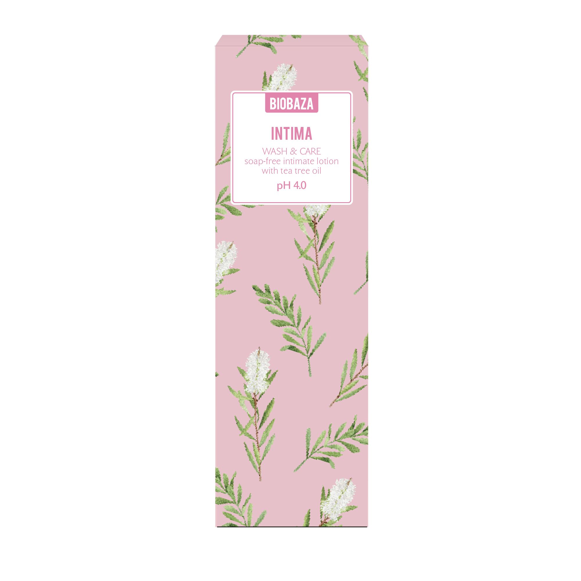 Rosa Verpackung mit floralem Muster. Oben: BIOBAZA, INTIMA. Text: Wash & Care, seifenfreie Intim-Lotion mit Teebaumöl, pH 4.0.