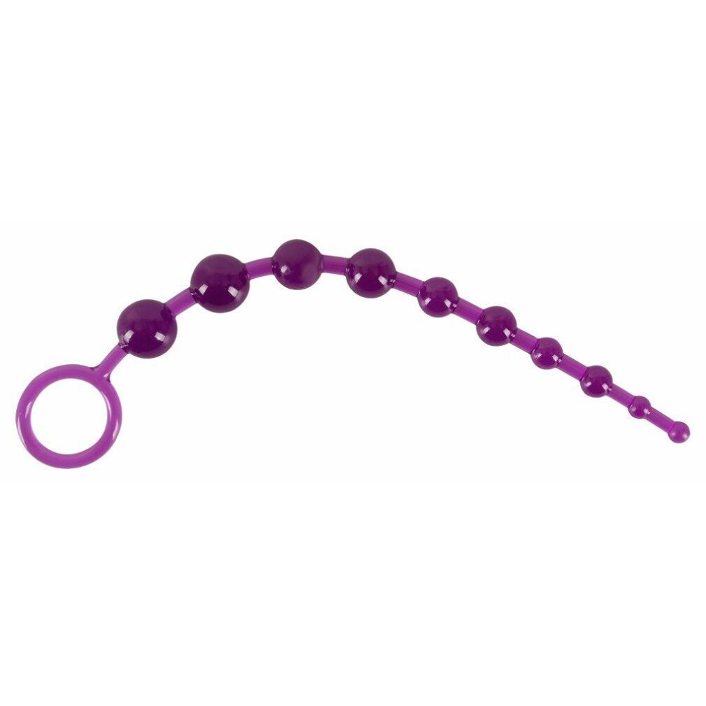 Eine Kette aus violetten Perlen mit einem Ring am Ende.