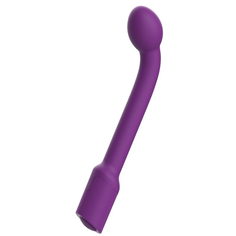 Lila Vibrator mit gebogener Form. Kopf und Basis sind erkennbar.