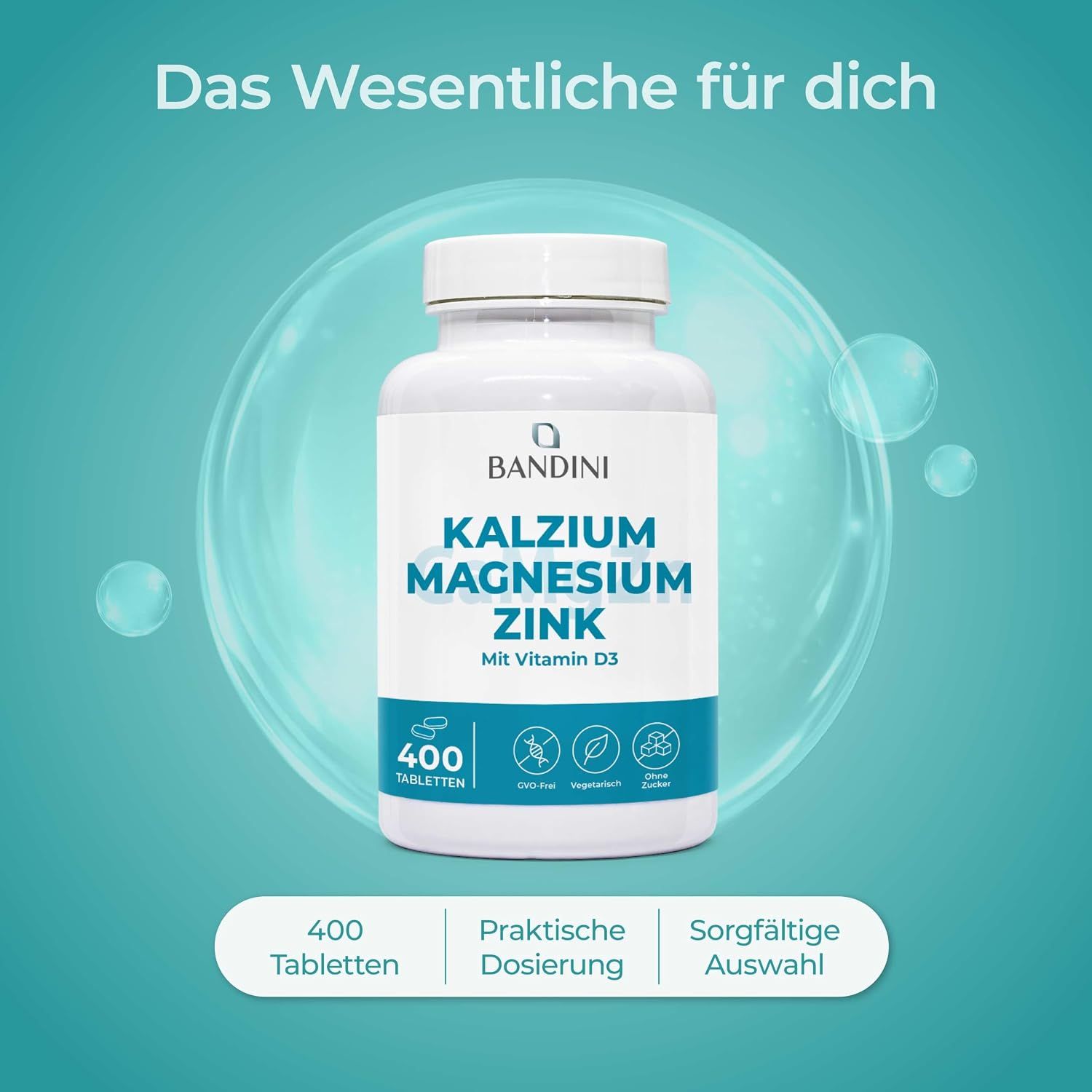 Bandini Kalzium Magnesium Zink Flasche mit Frau.