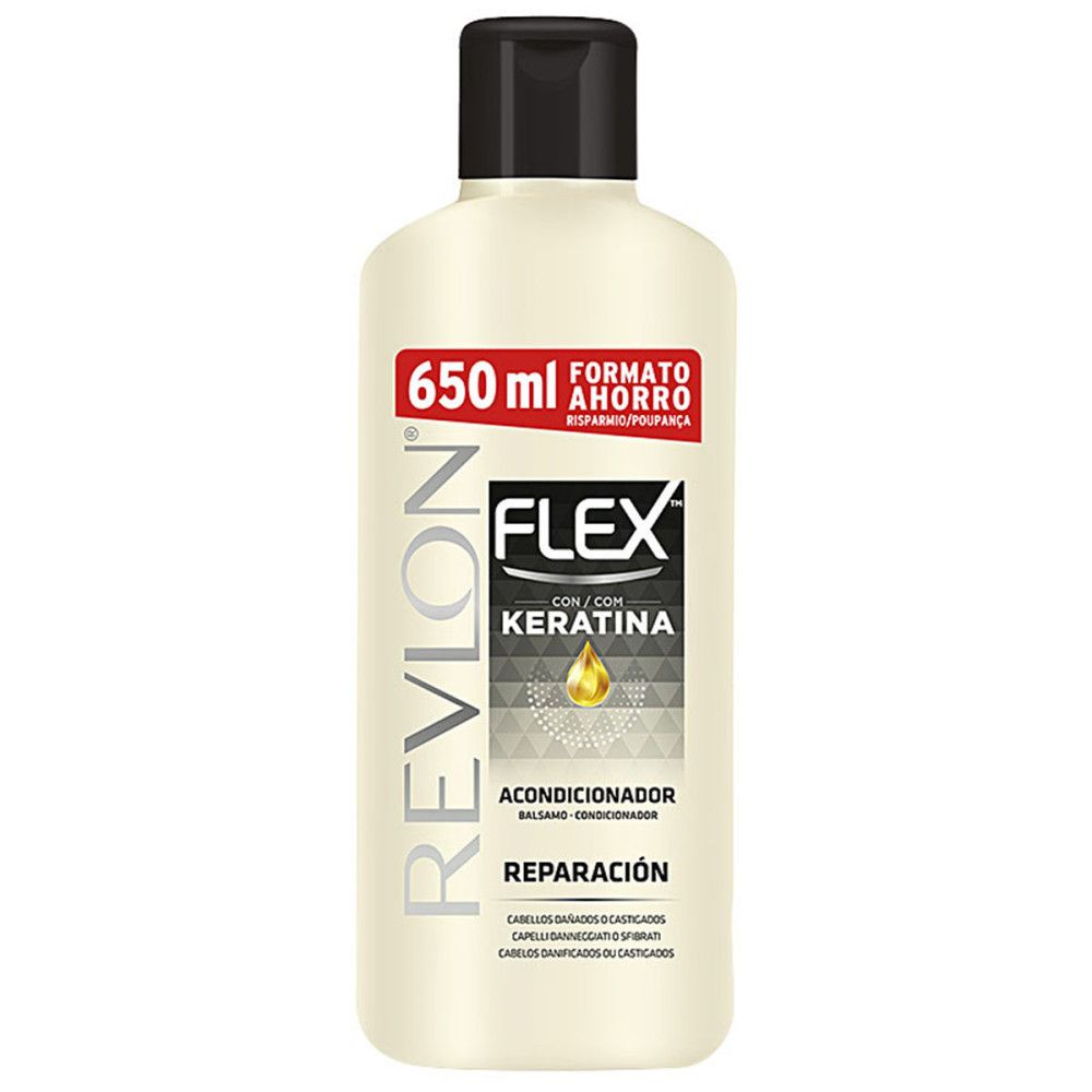 Flasche Revlon Flex Conditioner. Schwarzer Deckel, cremefarbene Flasche. Aufschrift: Flex, Keratin, 650 ml.