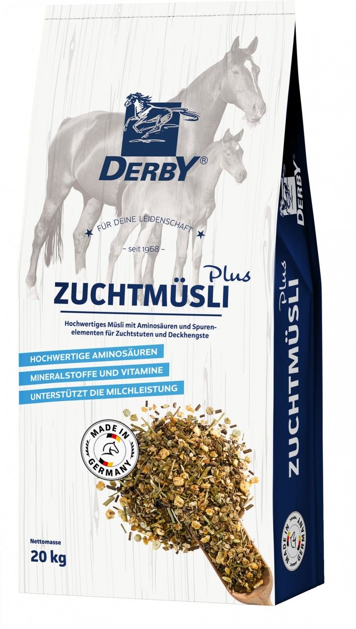 Verpackung von Derby Zuchtmüsli Plus. Enthält Müsli mit Aminosäuren, Mineralstoffen und Vitaminen. Hergestellt in Deutschland. Nettomasse: 20 kg.