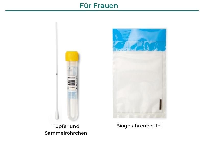 Tupfer, Sammelröhrchen und Beutel. Beschriftung: Für Frauen, Tupfer und Sammelröhrchen, Biogefahrenbeutel.