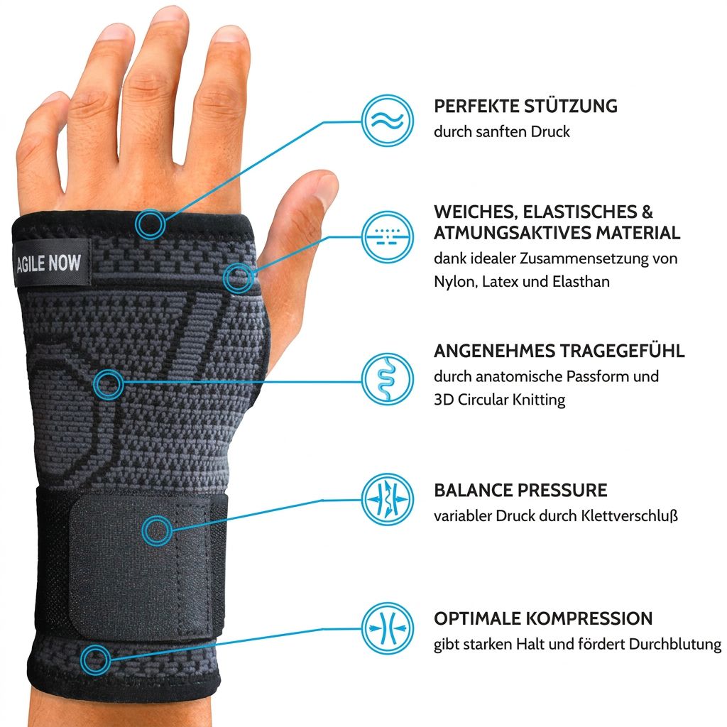 Handgelenkbandage. Graues, atmungsaktives Material. Klettverschluss. Anatomische Passform. Marke: AGILE NOW.