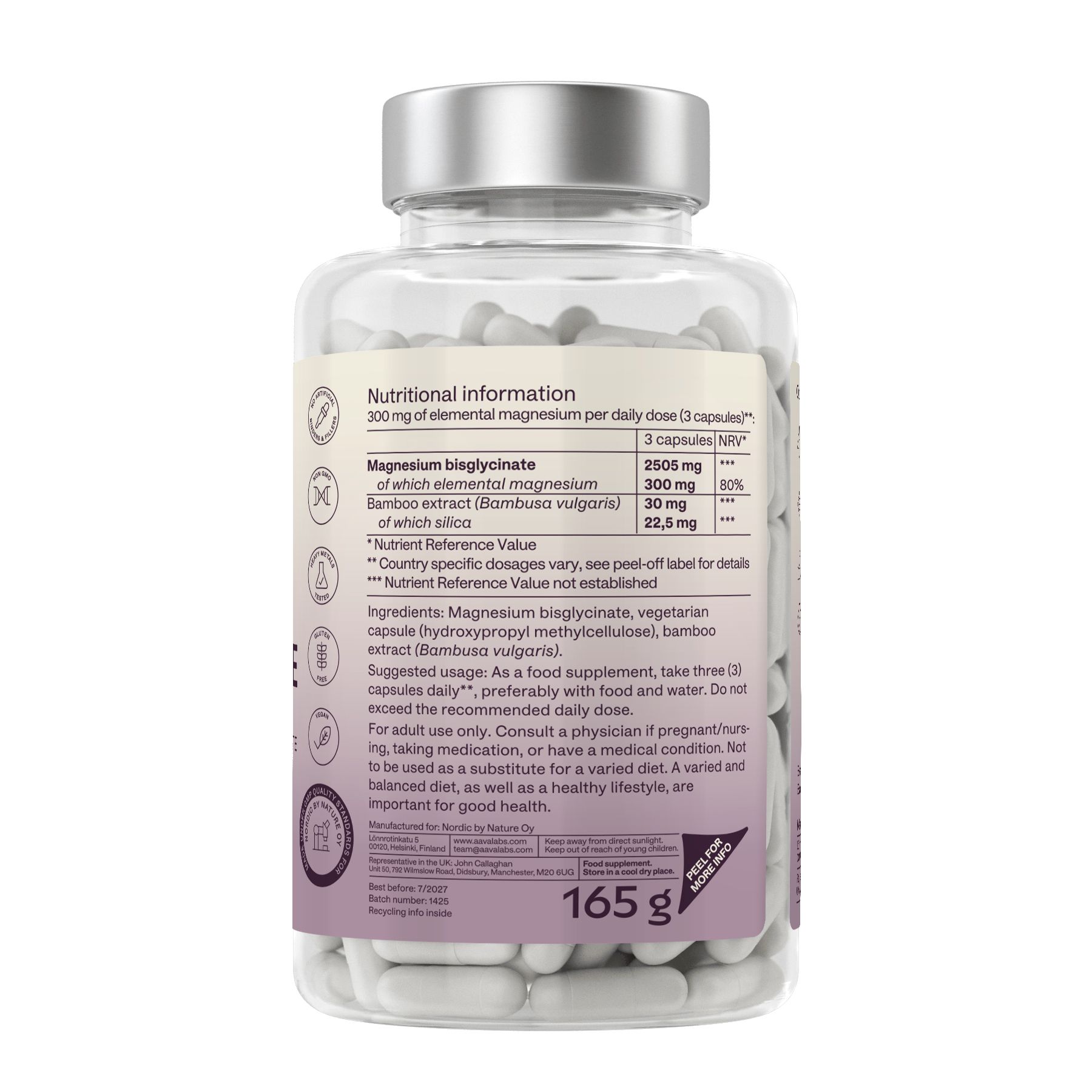 Rückseite der Flasche mit weißen Kapseln. Etikett mit Nährwertangaben und Inhaltsstoffen. 165 g.