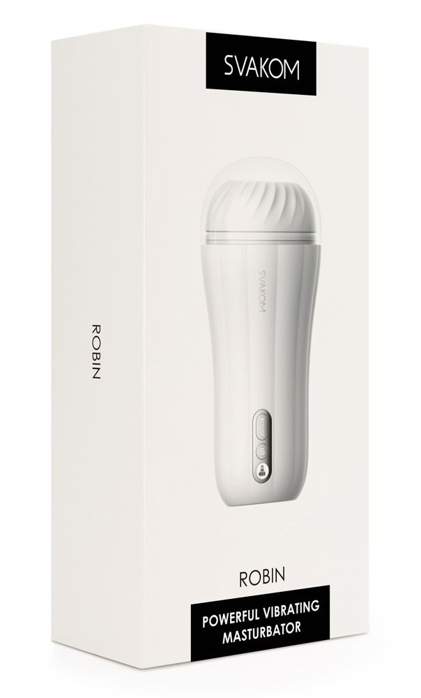 Verpackung des Wellness-Produkts. Weißer Karton mit Produktbild und 'SVAKOM' Schriftzug.