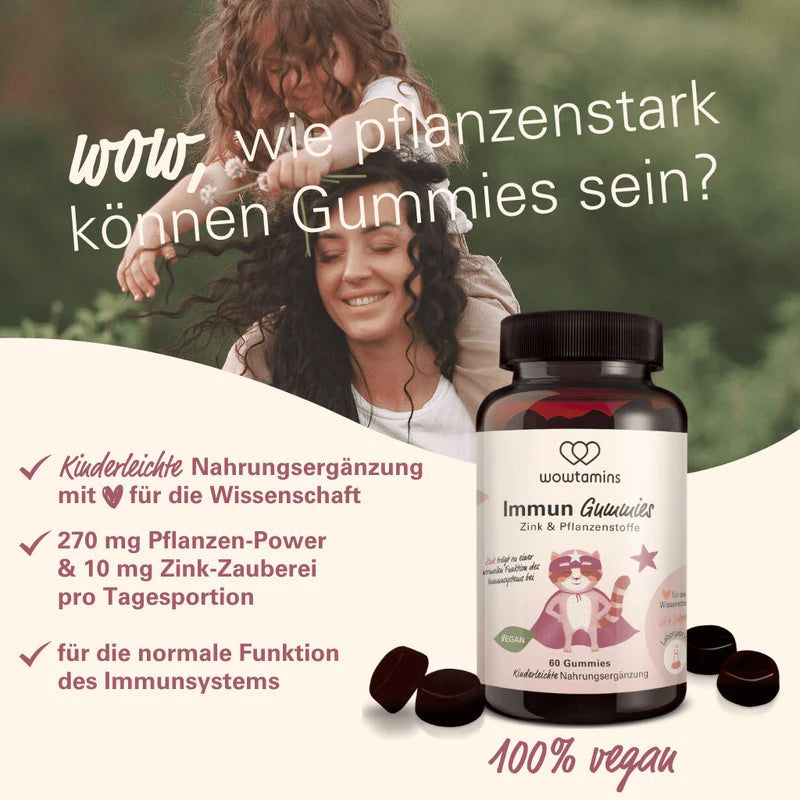 Flasche wowtamins Immun Gummies, mit Illustration eines Waschbären und Text.
