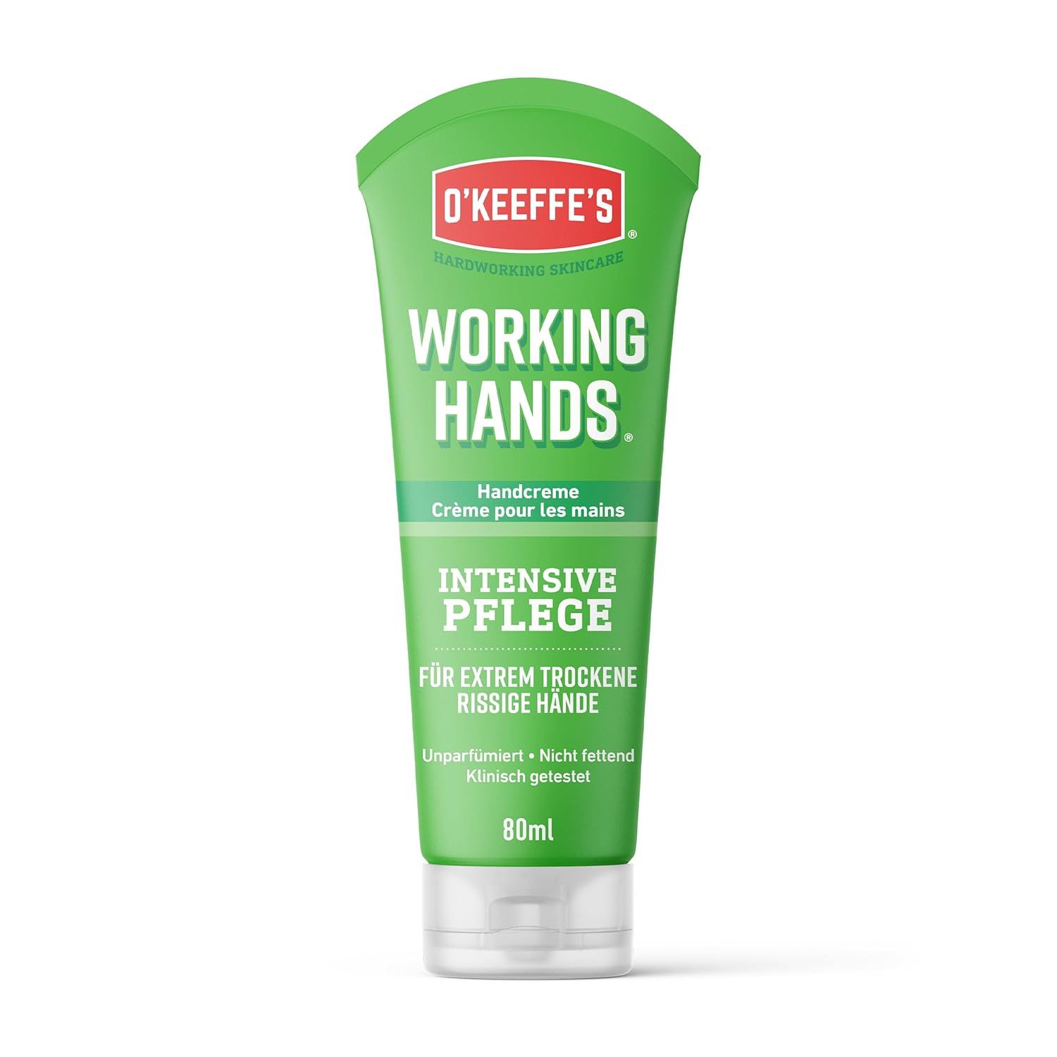 Grüne Tube mit O'Keeffe's Working Hands Handcreme. Text: Intensive Pflege, für extrem trockene, rissige Hände. 80ml.