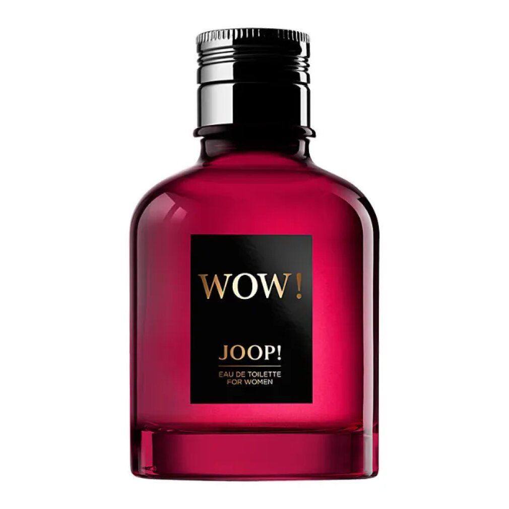 Roter Flakon mit schwarzem Etikett. "WOW!" und "JOOP!" Schriftzug. EdT für Damen. Schwarzer Verschluss.