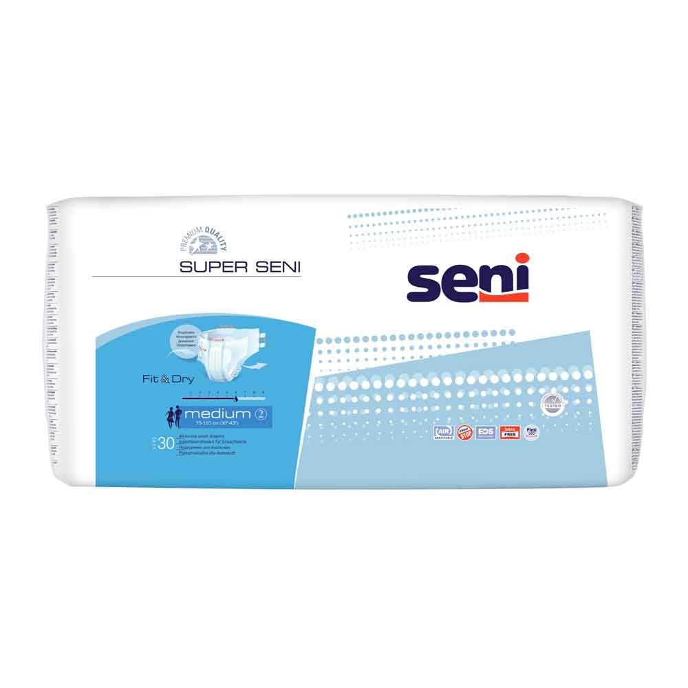 Packung Super Seni Windeln, Größe Medium, 30 Stück. Fit & Dry Technologie.