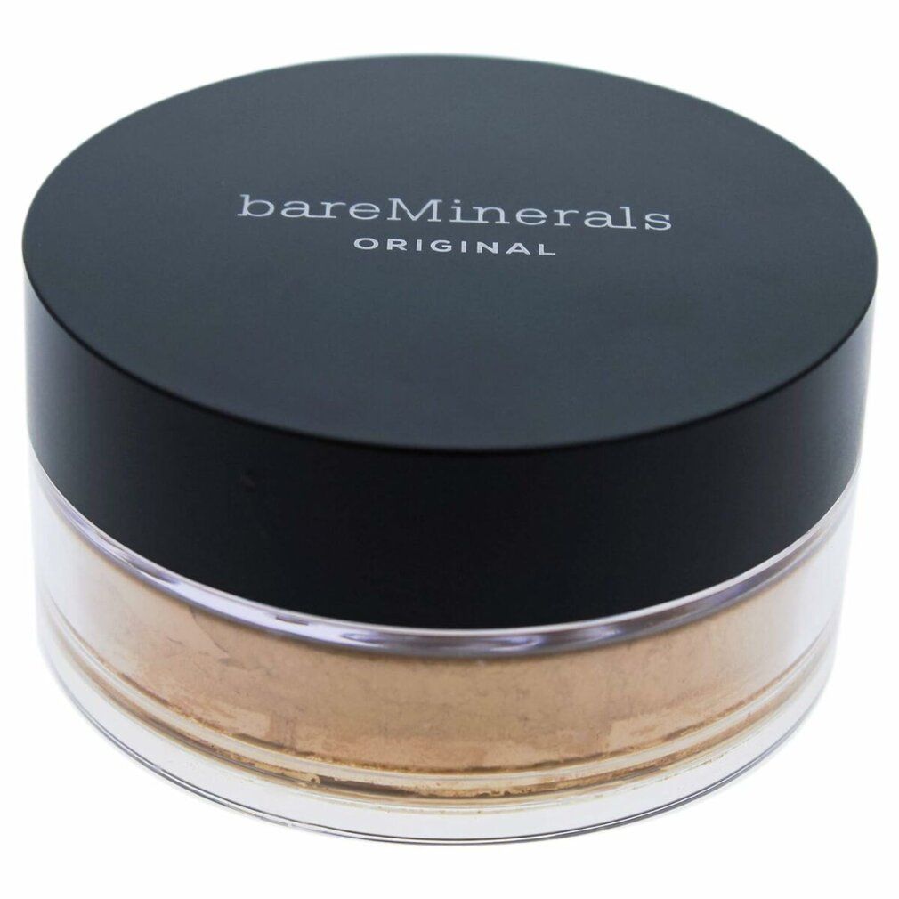 Runder, transparenter Behälter mit schwarzem Deckel. Auf dem Deckel steht "bareMinerals ORIGINAL". Das Produkt ist ein loses Puder in einem hellbraunen Farbton.