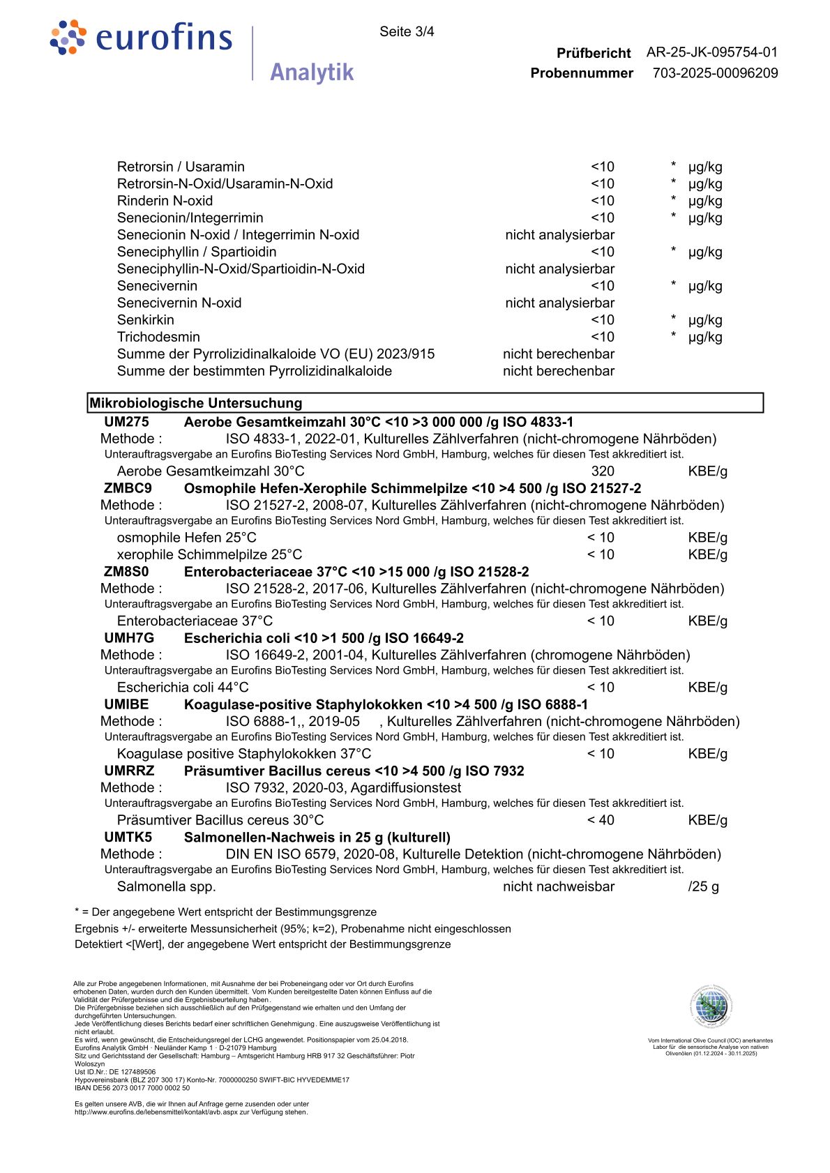 Eurofins Analysenzertifikat. Testergebnisse für mikrobiologische Untersuchungen. Seite 3/4.