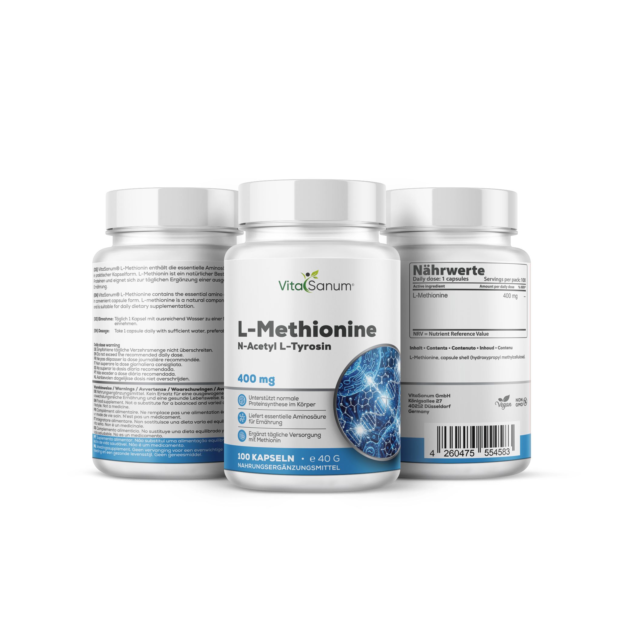 VitaSanum L-Methionin 400 mg Kapseln: Drei weiße Behälter mit blauen Etiketten, die L-Methionin und N-Acetyl L-Tyrosin zeigen.