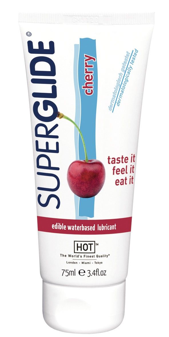 Weiße Tube mit roter Kirsche und blauer Linie. Aufschrift: SUPERGLIDE, cherry, HOT, 75ml, essbares Gleitmittel.