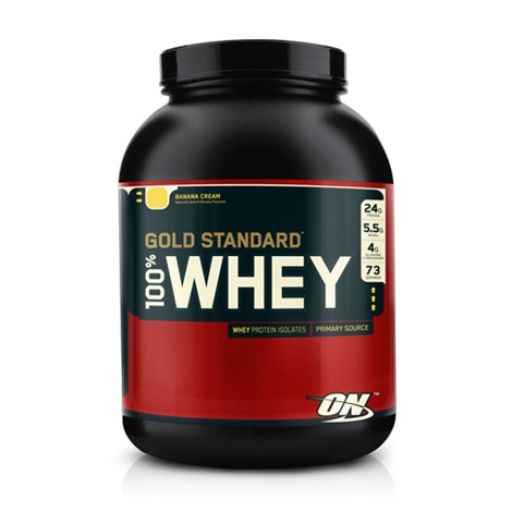 Schwarze Dose mit rotem Etikett. Aufschrift: Gold Standard 100% Whey. Geschmack: Banana Cream. 73 Portionen.