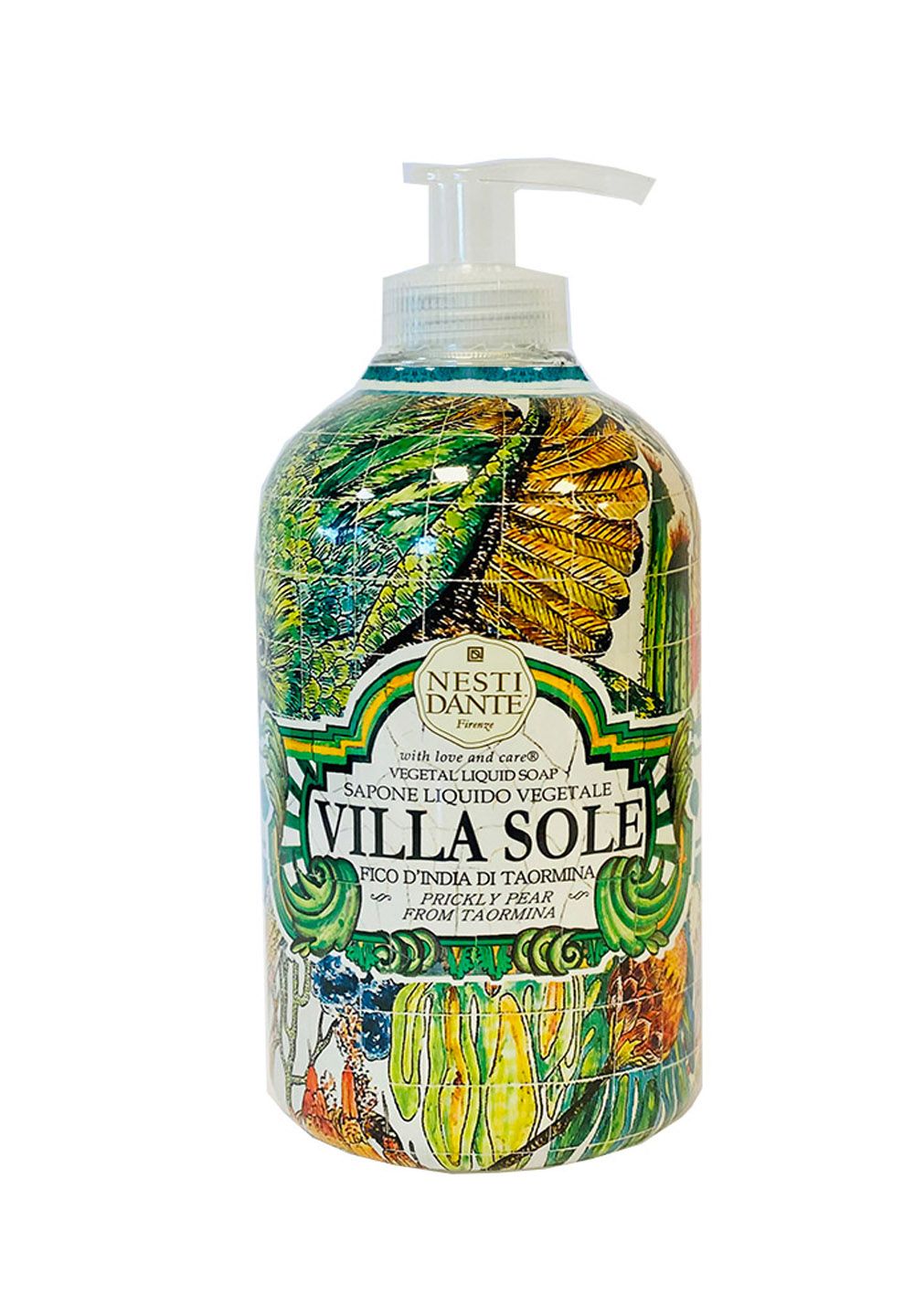 Flüssigseife mit Pumpverschluss. Bunte, dekorative Verpackung mit Produktnamen und Markenlogo. Pflanzliches Produkt.