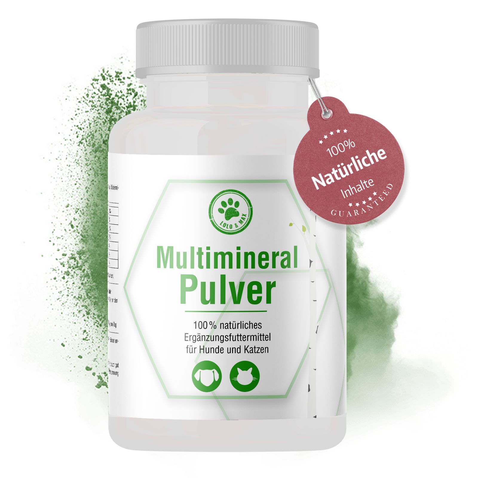 Weiße Flasche mit "Multimineral Pulver"-Etikett. Roter Anhänger mit "100% natürliche Inhalte". Ergänzungsfuttermittel für Hunde und Katzen.