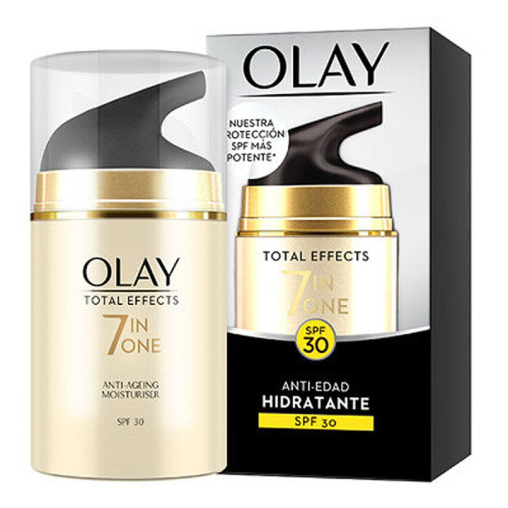 Olay Total Effects 7 in One Anti-Ageing Moisturiser. Creme-Spender mit schwarzem Deckel und goldfarbenem Ring. Verpackung mit Produktabbildung.