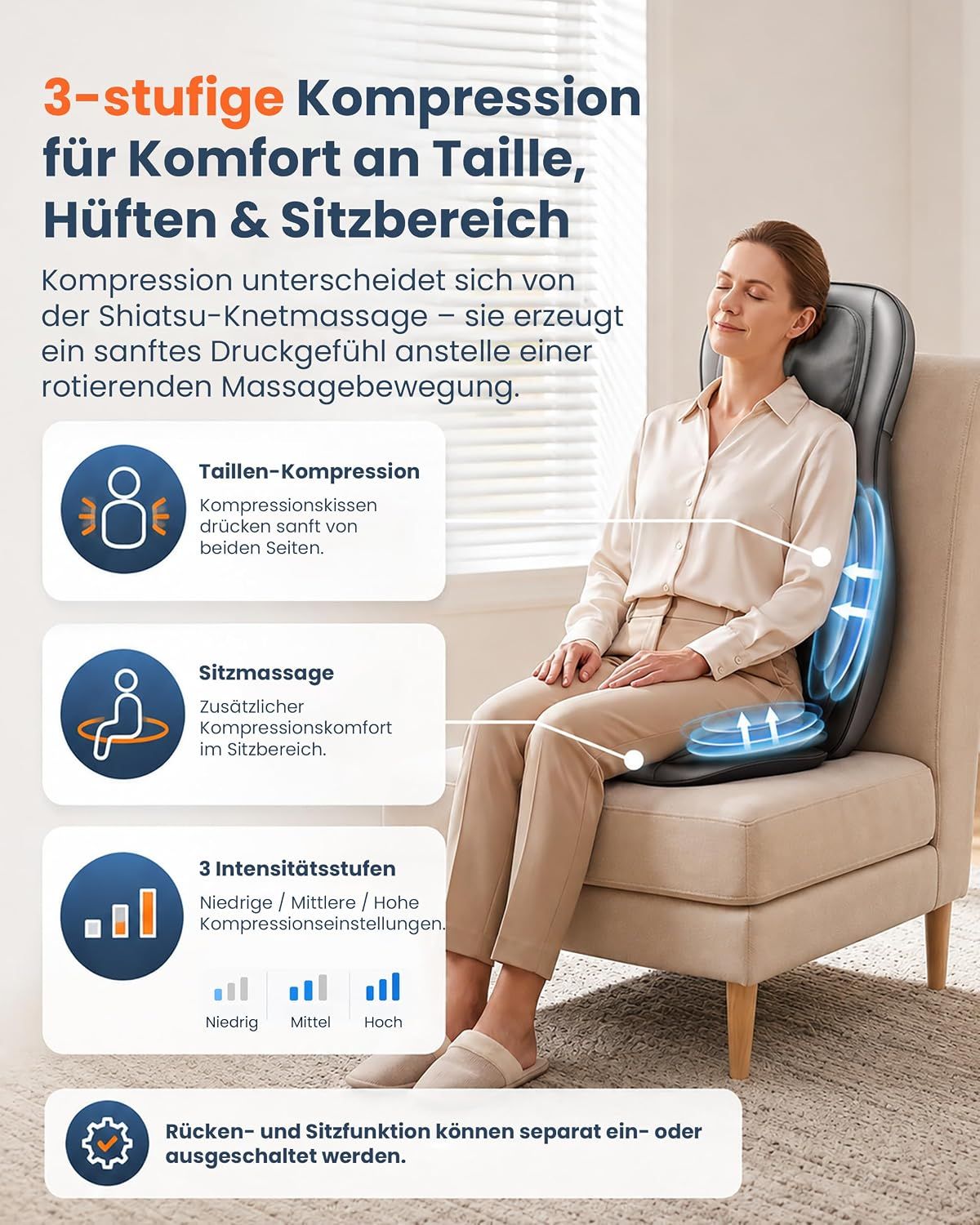 Nackenmassagegerät mit Shiatsu-Knetknoten und Luftkompressionsmassage für Rücken und Schultern.