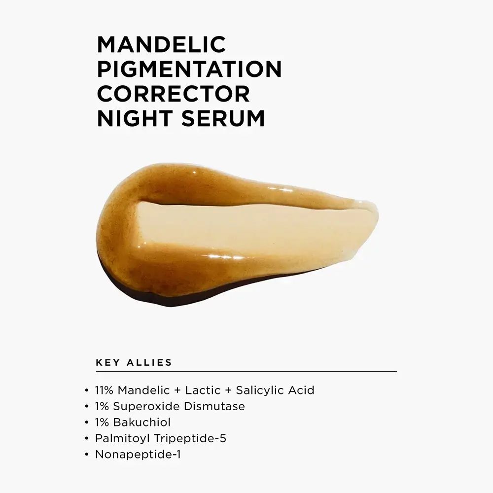 Produktprobe in Creme-Farbe. Text: Mandelic Pigmentation Corrector Night Serum. Inhaltsstoffe aufgelistet.
