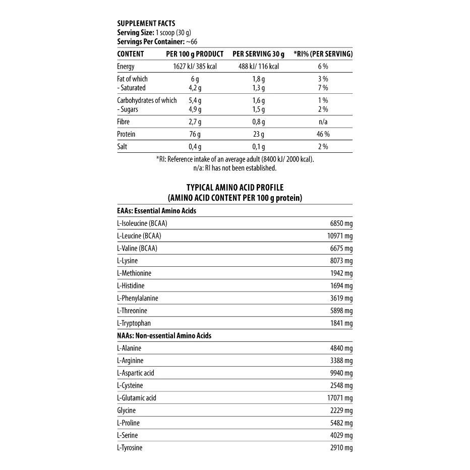 Nährwerttabelle und Aminosäureprofil. Angaben zu Energie, Fett, Kohlenhydraten, Zucker, Ballaststoffen, Protein und Salz.