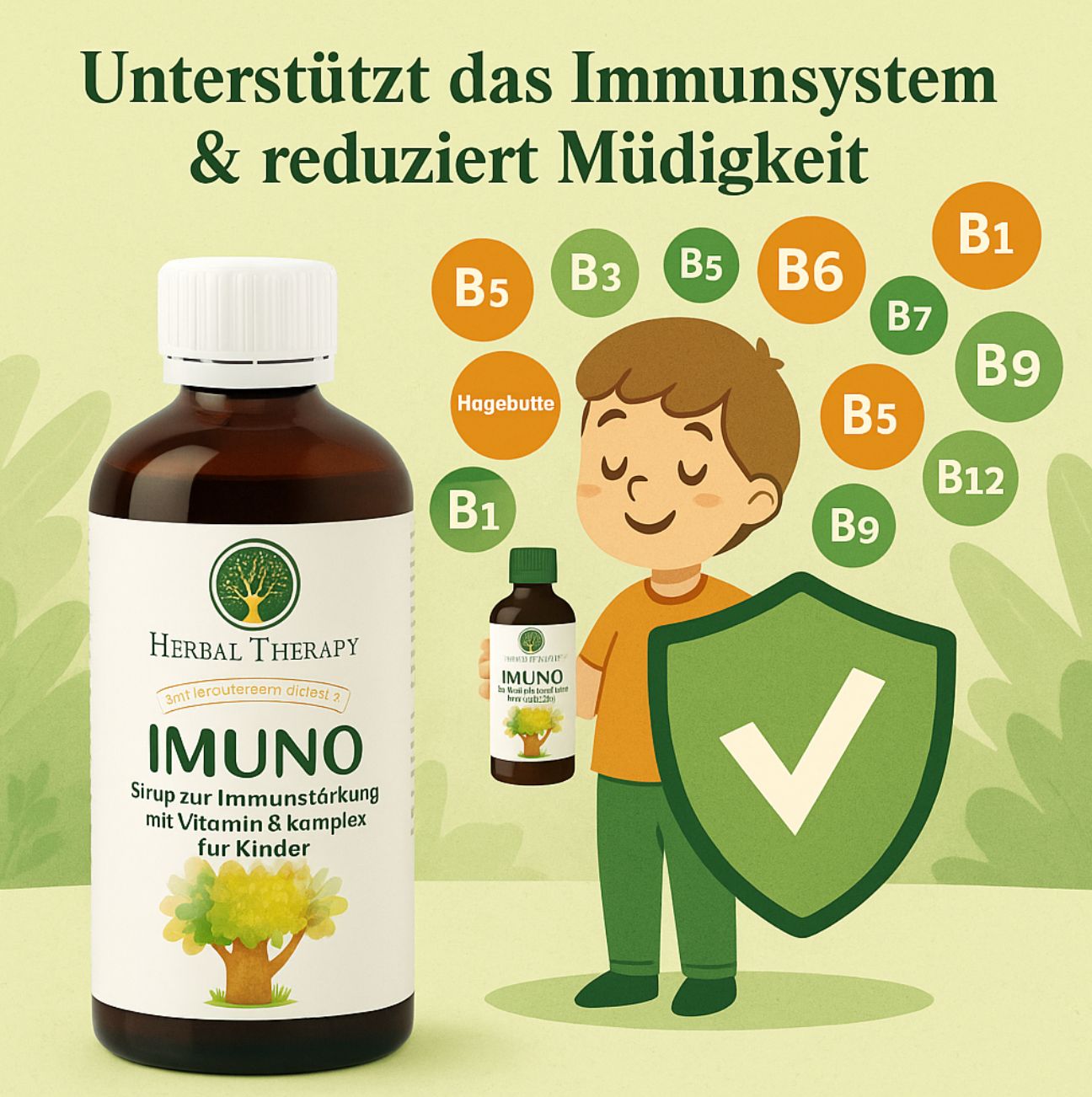 Produktflasche und Kind mit Vitamin B-Komplex. Unterstützt das Immunsystem & reduziert Müdigkeit. B-Vitamine.